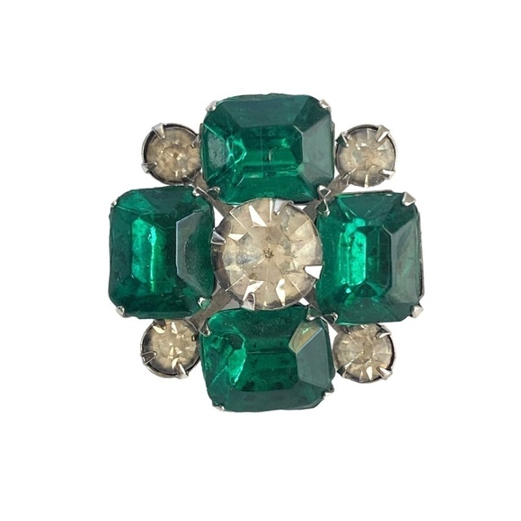 Vintage 50s Emerald Green Rhinestone Brooch Silver Tone Setting Pin Art Deco - Picture 1 of 6